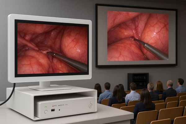 A surgical display connected to a broadcasting system, with the live feed being shown on a large screen in a lecture hall