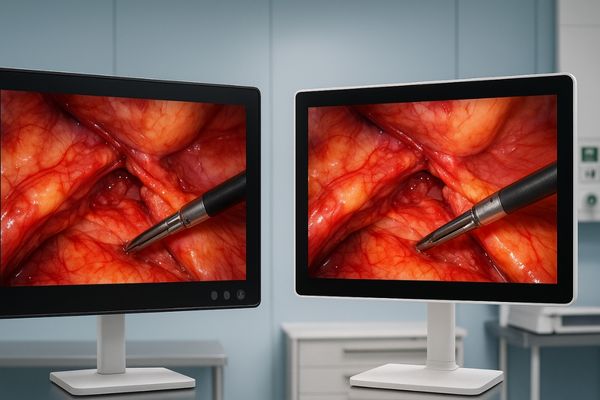 A side-by-side view of two surgical monitors in a clinical setting