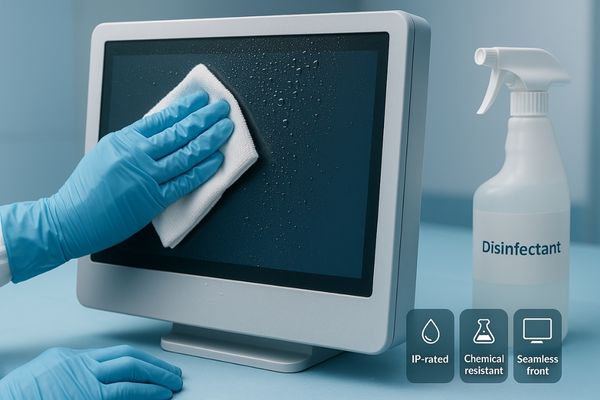 Nurse cleaning a surgical monitor between procedures