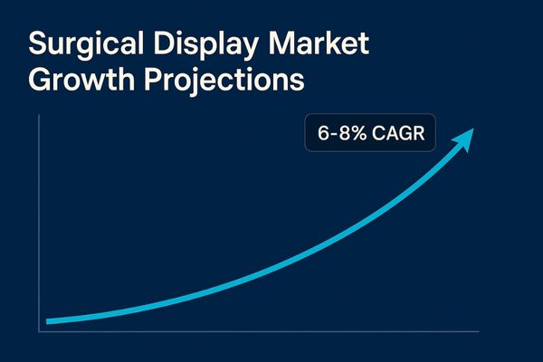 A line graph with a steady upward trend showing a 6-8% CAGR for the surgical display market