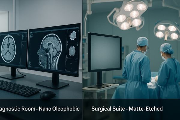 A split image showing a diagnostic room and an operating room with different monitors