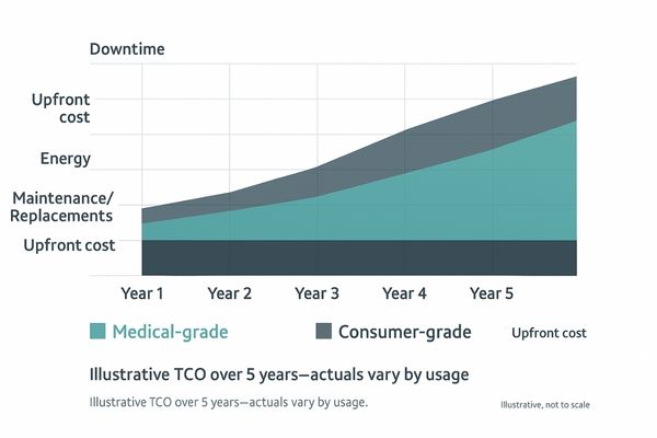 Graph showing the total cost of ownership of medical vs consumer monitors over 5 years