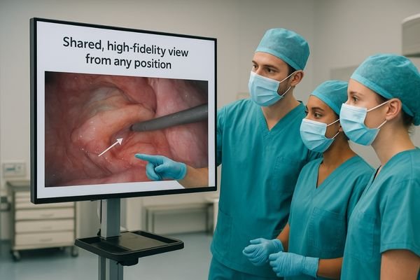A surgical team of three collaborating around a single large monitor, with all members clearly seeing the same high-quality image from their respective positions.