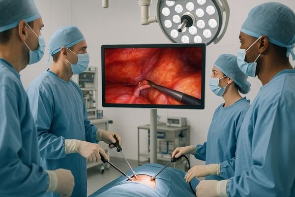 A photo of a surgical team in an operating room, all looking at a large central display from different positions