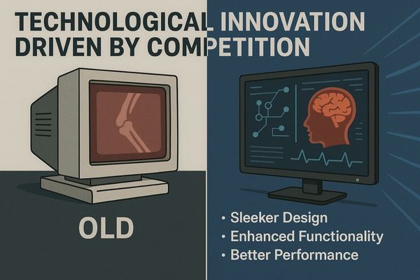 A split-screen image comparing an old, bulky monitor to a new, sleek, feature-rich display