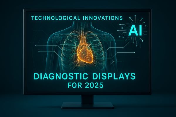 A futuristic medical display showing an anatomical image with glowing AI-powered overlays