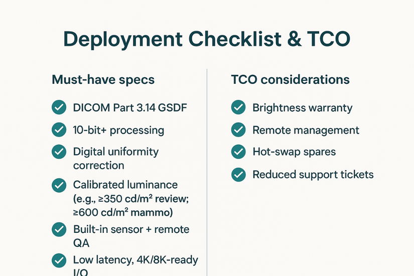 A checklist graphic with key technical specifications for a medical display deployment