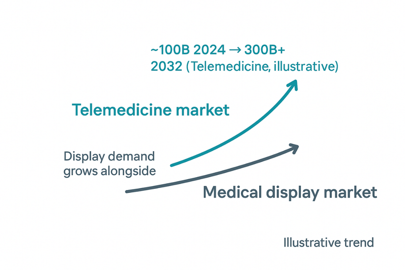 A graph showing the steep upward trend of the telemedicine market and the corresponding growth in the medical display market