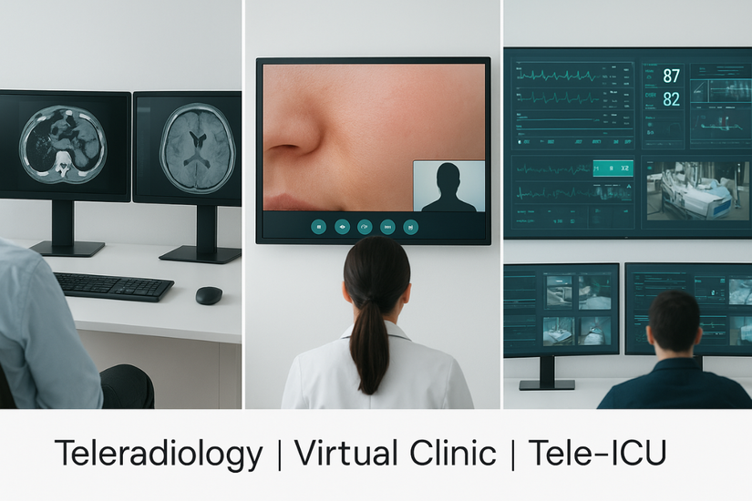 A collage of telemedicine applications showing remote radiology, a virtual consultation, and a tele-ICU command center