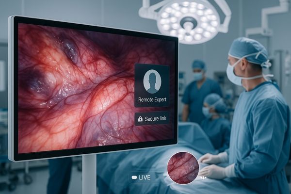Surgeon conducting a remote surgical proctoring session