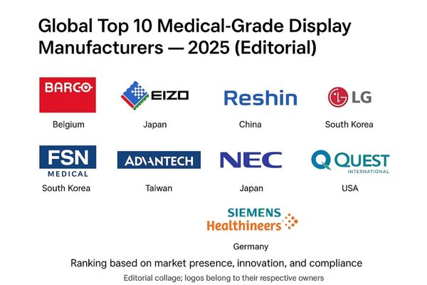 Global Top 10 medical-grade display manufacturers in 2025, including Barco, EIZO, Reshin, Sony, LG, FSN Medical, Advantech, NEC, Quest International, and Siemens Healthineers logos in editorial collage.