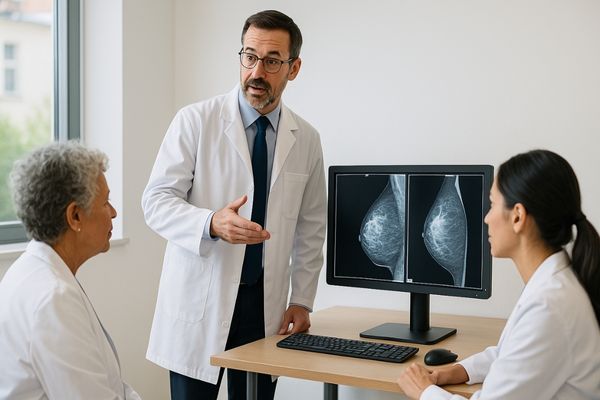A company specialist demonstrating a mammography display to a group of radiologists in a training session