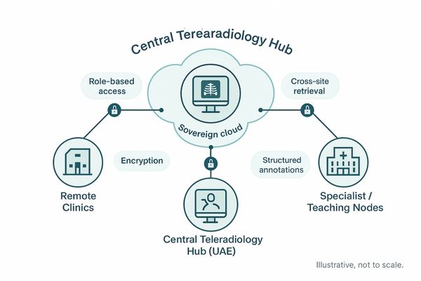 A network diagram showing a central teleradiology hub connected to multiple remote clinics and hospitals.
