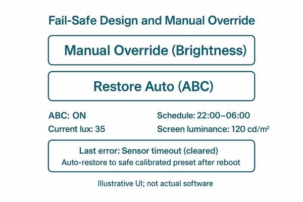 A graphic showing a monitor with a failed sensor icon but still displaying a usable image, with an 