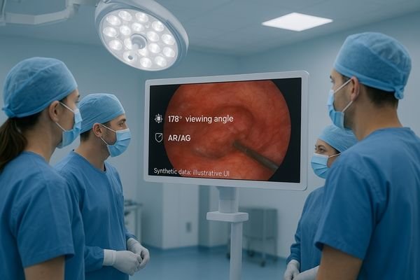 A surgical team gathered around a large display, with members at various angles all seeing a clear, consistent image of the procedure.