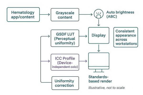 A diagram illustrating how both DICOM GSDF and ICC color profiles are applied within a display to manage grayscale and color content accurately