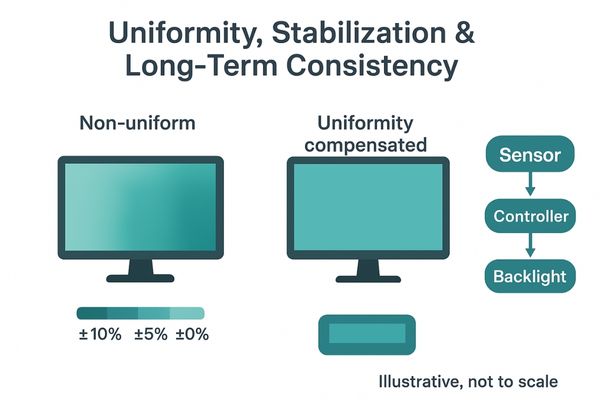 A diagram illustrating a monitor with uniformity compensation, showing an even brightness level across the entire screen versus a non-uniform panel.