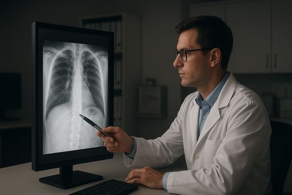 Vertical 21.3-inch medical grade monitor displaying a chest DR X-ray in DICOM grayscale