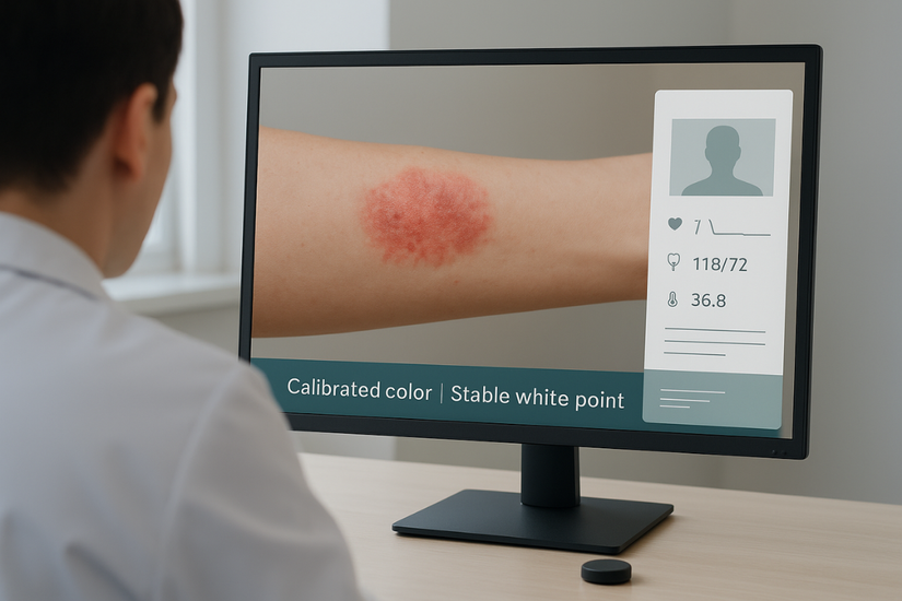 A doctor conducting a video consultation, with a high-definition view of a patient's skin condition on the screen