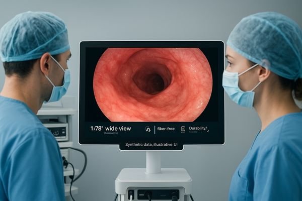 A physician and nurse collaborating during an endoscopy, both viewing the monitor from different angles with a perfectly clear and consistent image.