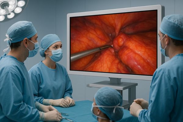 An operating room team working together, all able to see the same clear image on a large surgical display from various positions