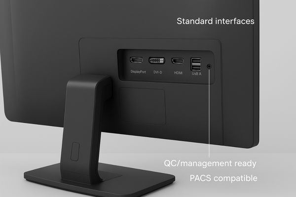 The back panel of a medical display showing multiple input ports (DisplayPort, DVI, HDMI) and a USB hub, symbolizing its connectivity.