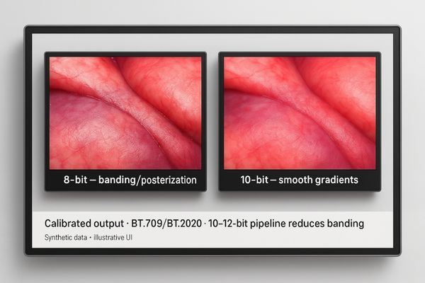 An image showing the visible difference between an 8-bit image with color banding and a smooth 10-bit image of surgical tissue.