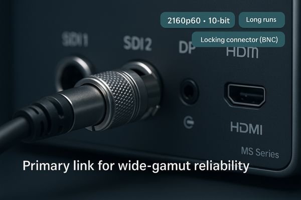 A close-up of a secure, locking 12G-SDI cable plugged into a surgical monitor.