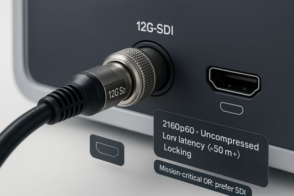 A close-up shot of a locking 12G-SDI BNC connector plugged into the back of a surgical display.