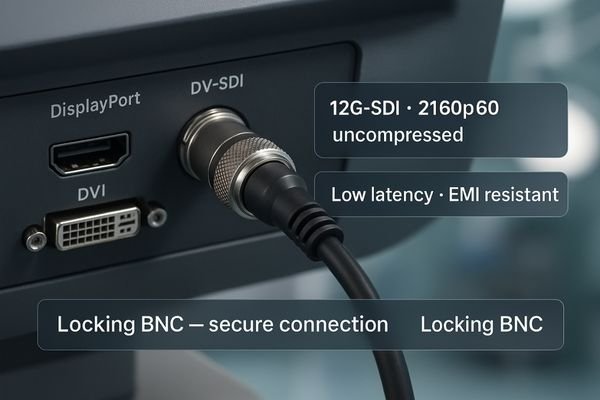 An image showing the back of a surgical monitor with a focus on the secure, locking BNC connector for a 12G-SDI input.