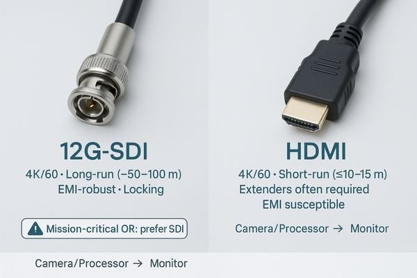 A photo showing a robust, locking 12G-SDI connector next to a standard friction-fit HDMI connector for an OR video chain.