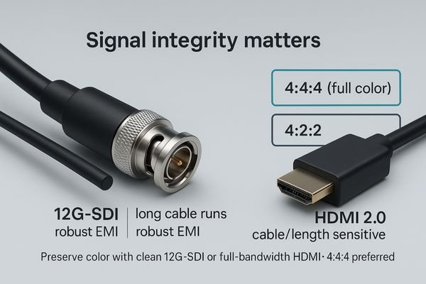 An image showing a professional 12G-SDI connector versus a standard HDMI connector.