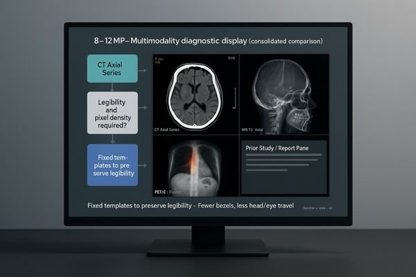 A single 12MP monitor showing a seamless layout of multiple studies (PET, CT, MRI) for a multimodality review.
