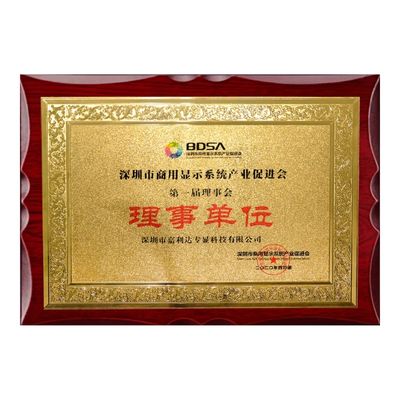 Council Member plaque of the 1st Council of Shenzhen Commercial Display System Industry Promotion Association awarded to Jialida Specialty Display Technology