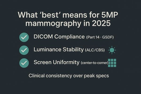 An image of a checklist with criteria like DICOM Compliance, Luminance Stability, and Uniformity checked off.
