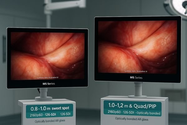 The Reshin lineup of 27-inch and 32-inch 4K surgical monitors on display.