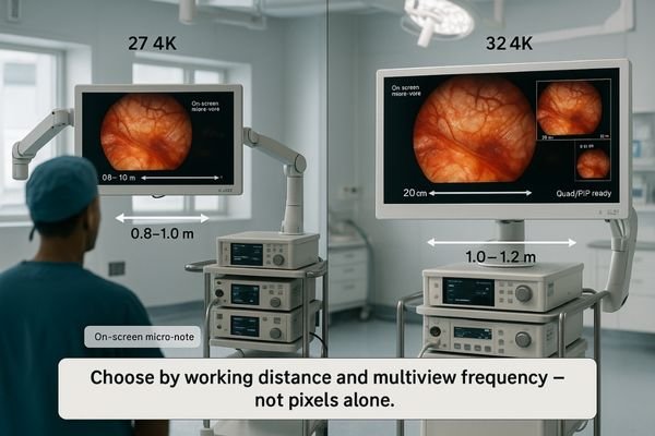 An image comparing a 27-inch and a 32-inch 4K surgical monitor on an endoscopy tower.