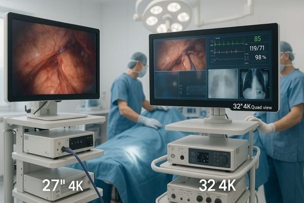 27-inch and 32-inch 4K surgical monitors mounted on endoscopy towers in a modern operating room, showing live laparoscopic video and quad-view data
