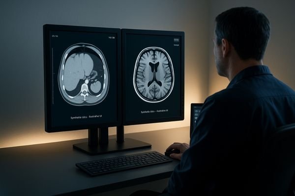 A radiologist reviews medical images on a dual-head 2MP diagnostic monitor setup in a dimly lit reading room.
