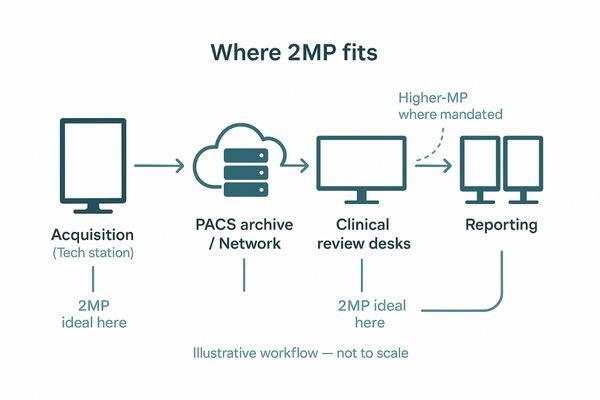 A flowchart of a PACS workflow showing 2MP monitors used at the technologist acquisition station and the clinical review desk.