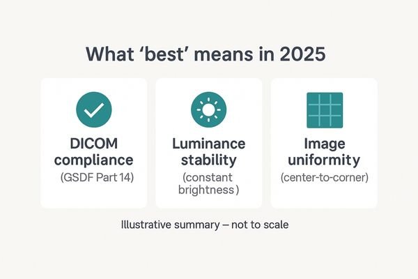 A diagram showing key criteria for a 2MP monitor: DICOM compliance, Luminance Stability, and Image Uniformity.