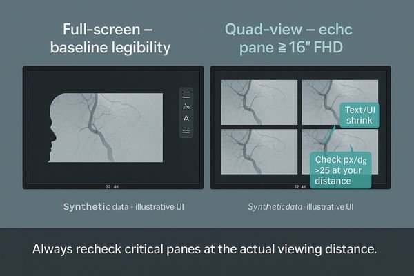 An image simulating how a quad-view layout shrinks text and details on a a single screen.