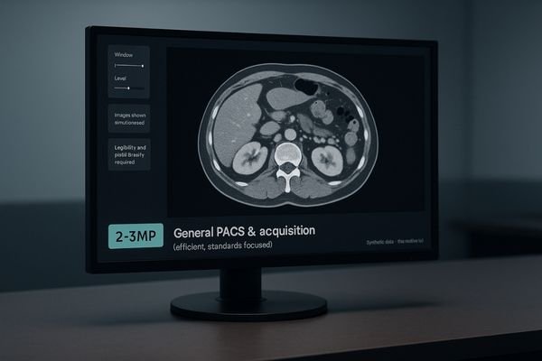 A 3MP diagnostic monitor displaying a CT scan in a radiology reading room with controlled ambient light.