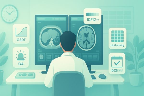 Radiologist reviewing CT and MRI scans on dual 3MP diagnostic monitors in a reading room, with icons highlighting DICOM GSDF, uniformity, QA, and 10/12-bit grayscale fidelity.