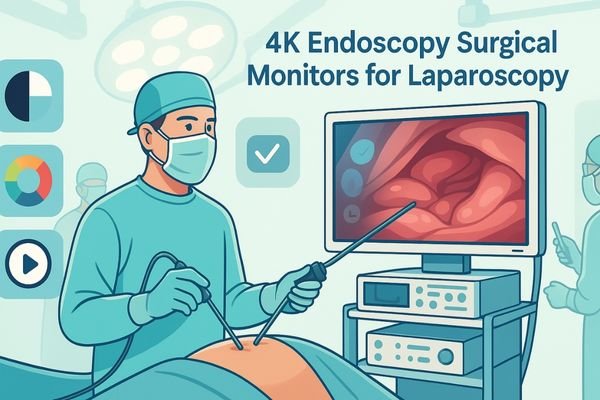 Surgeon performing laparoscopic surgery while viewing a 4K endoscopy surgical monitor with clear, color-accurate anatomy display.