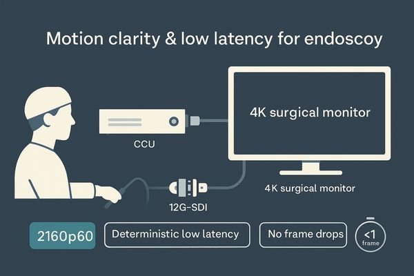An illustration showing a smooth, direct signal path from an endoscope camera to a 4K monitor with minimal delay.