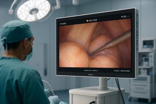 A surgeon performing laparoscopic surgery while viewing a high-clarity 4K endoscopy surgical monitor on a surgical tower.