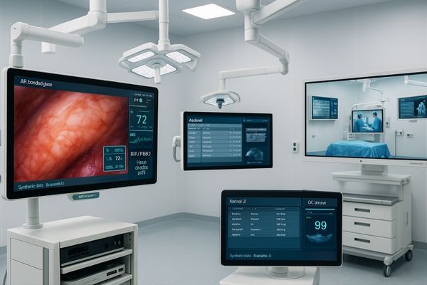 Multiple 4K surgical displays mounted in a modern, integrated operating room.