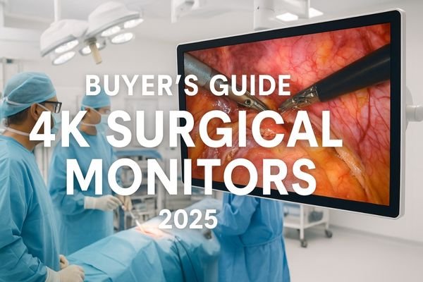 Surgeons operating in a modern OR with a 4K surgical monitor displaying laparoscopic surgery in vivid detail, representing the 2025 buyer’s guide