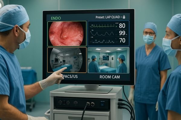 4K surgical monitor with a fixed quad-view template showing ENDO, Vitals, PACS/US and Room Cam in a bright operating room